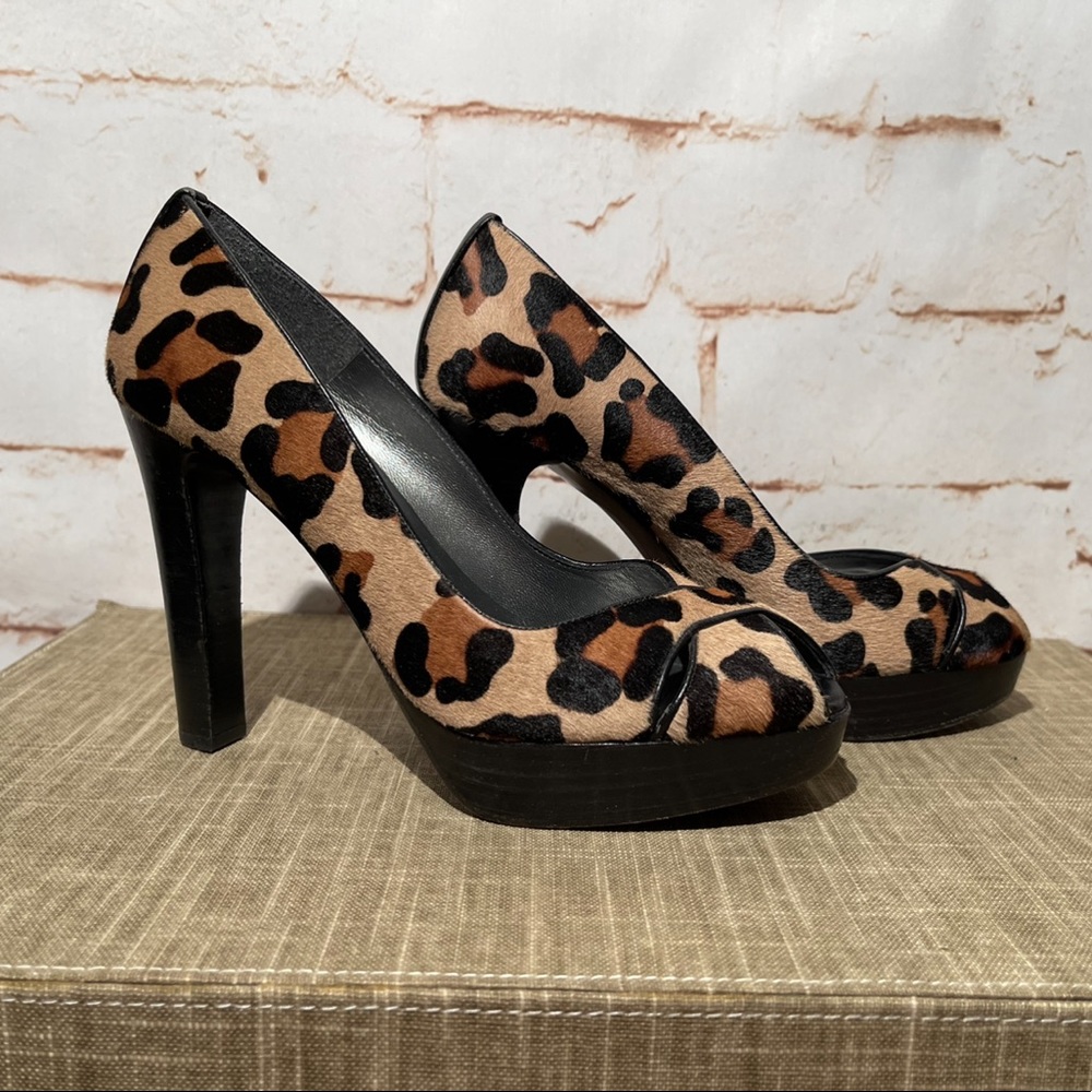 Stuart Weitzman Leopard Pony Hair Print Criss Cross Peep Toe Platform Pumps 6.5